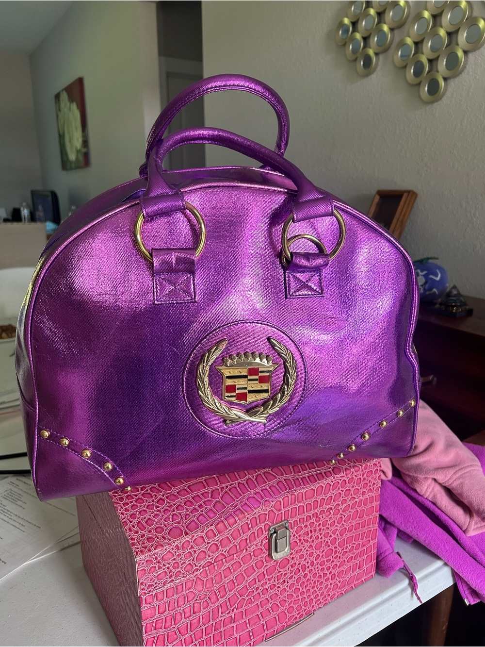 Metallic Purple Satchel with Gold Crest Emblem